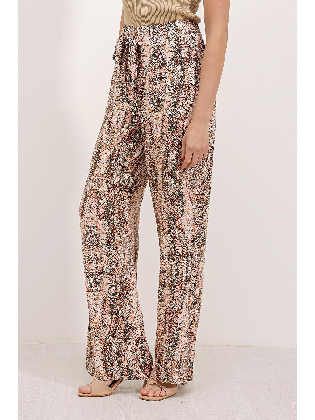 Ekru 6523 Desenli Bol Paça Pantolon - Krem-1