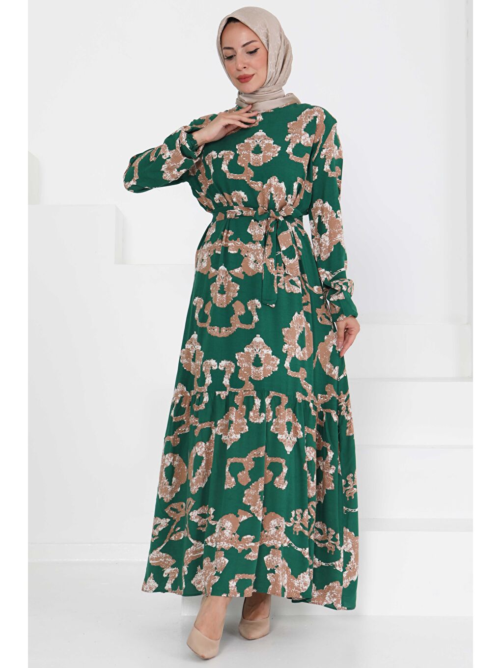 Yeşil Desenli Kuşaklı Elbise Zümrüt - 27429-2