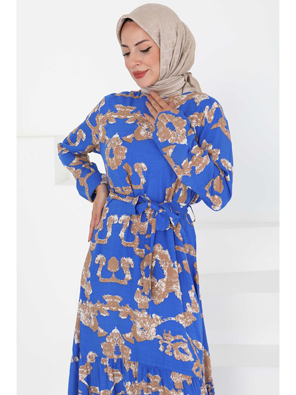 Mavi Desenli Kuşaklı Elbise Saks - 27429-2