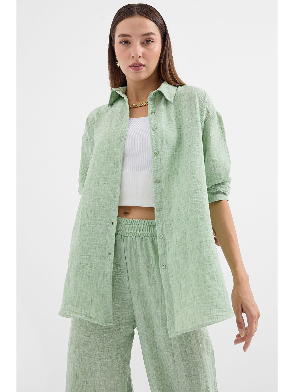 Yeşil 6671 Oversize Keten İkili Takım - Çağla-1