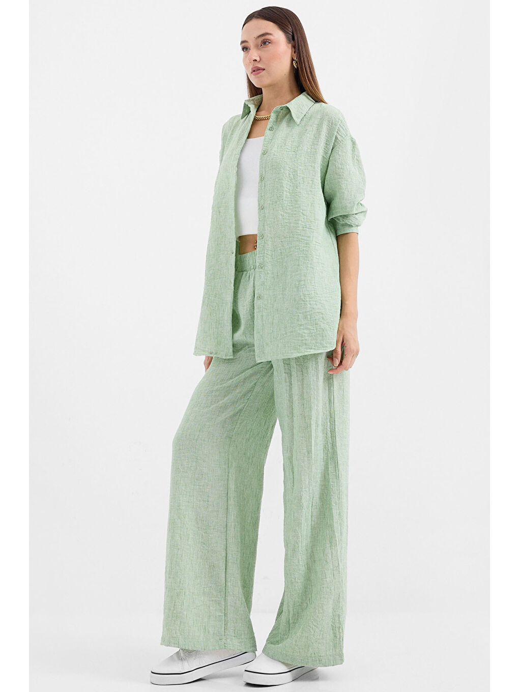 Yeşil 6671 Oversize Keten İkili Takım - Çağla-2