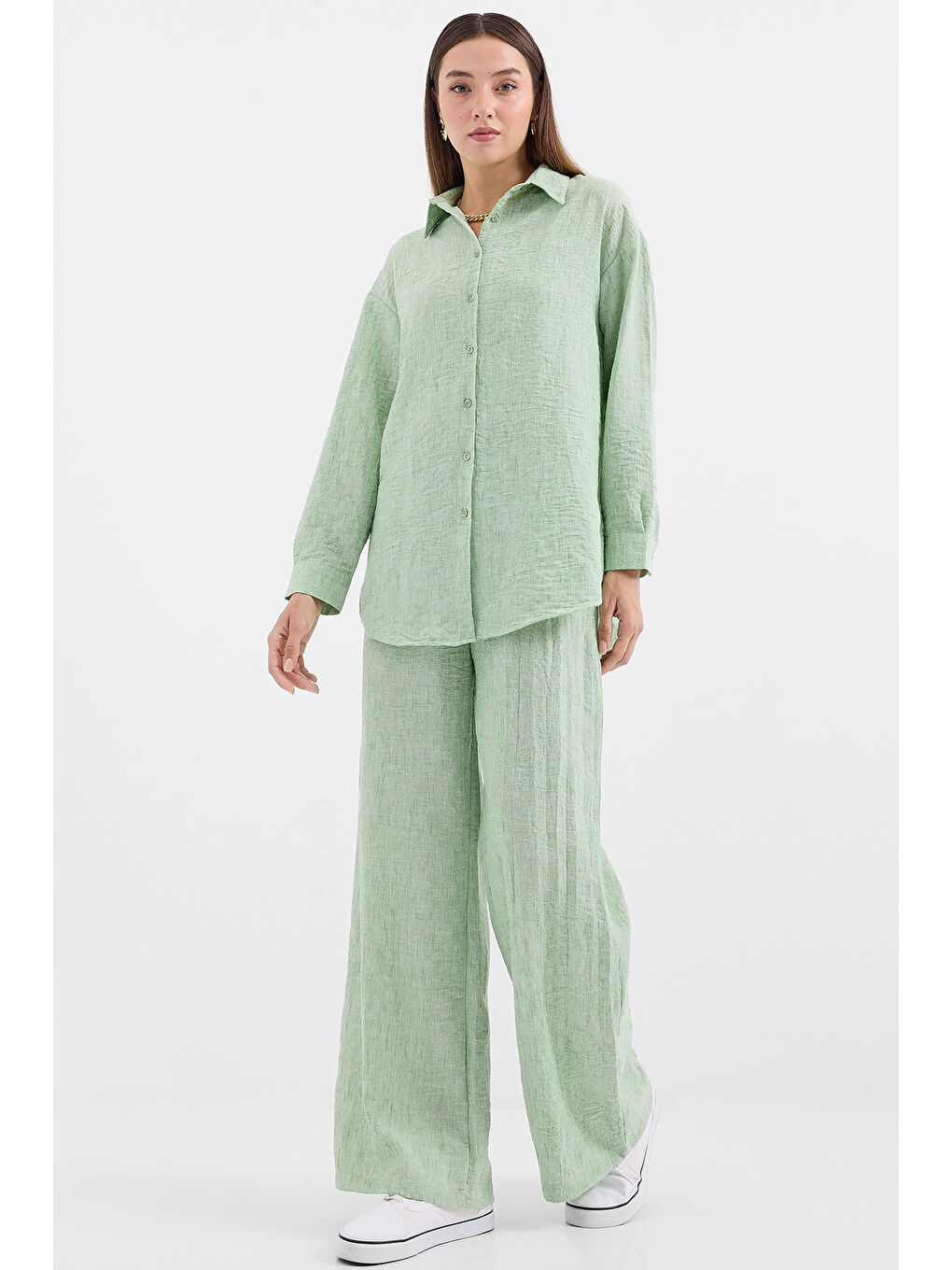 Yeşil 6671 Oversize Keten İkili Takım - Çağla-3
