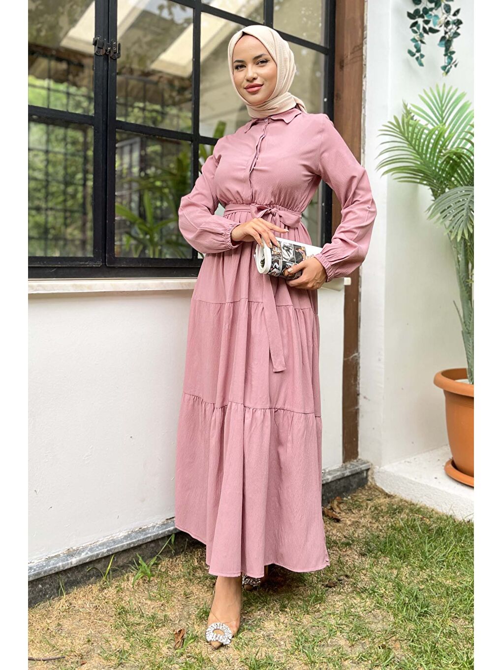 Pembe Kuşaklı Kat Kat Elbise Gül - 27345-1