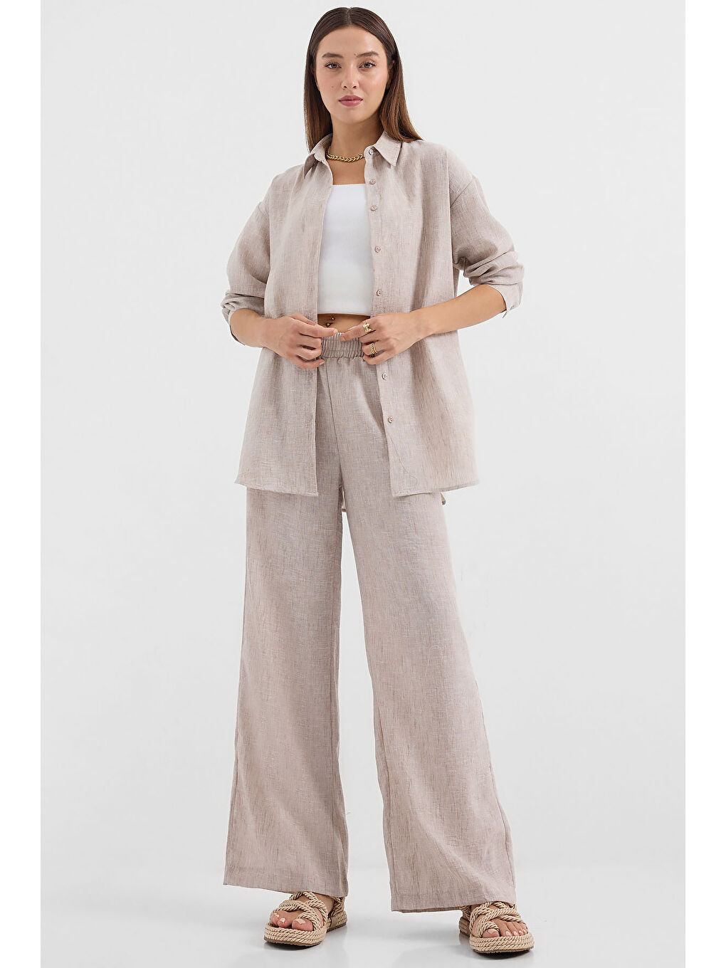 6671 Oversize Keten İkili Takım - Bej