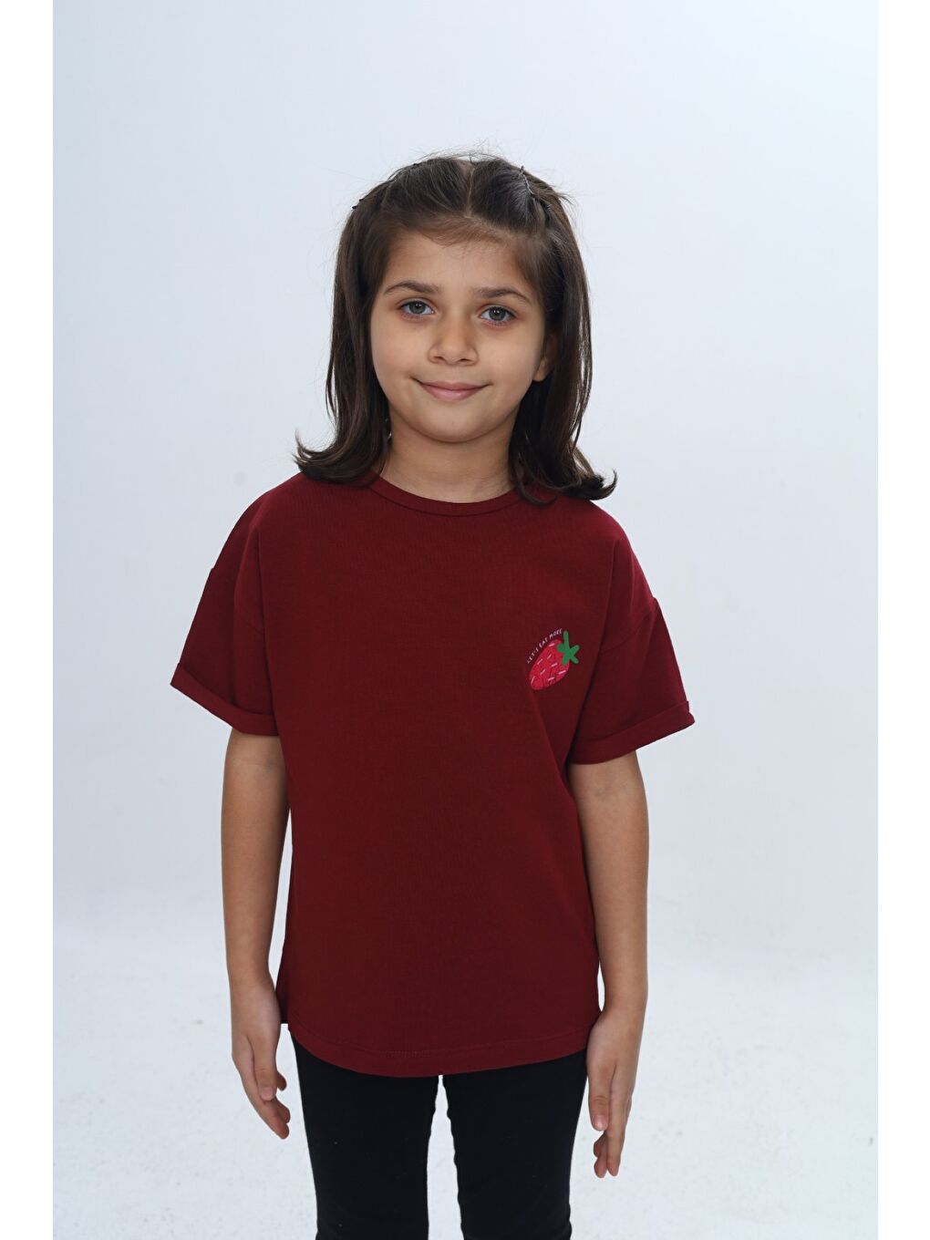 Bordo Kız Çocuk Bisiklet Yaka Kısa Kollu Baskılı Tişört 24978