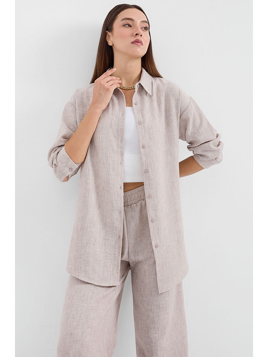 6671 Oversize Keten İkili Takım - Bej-1