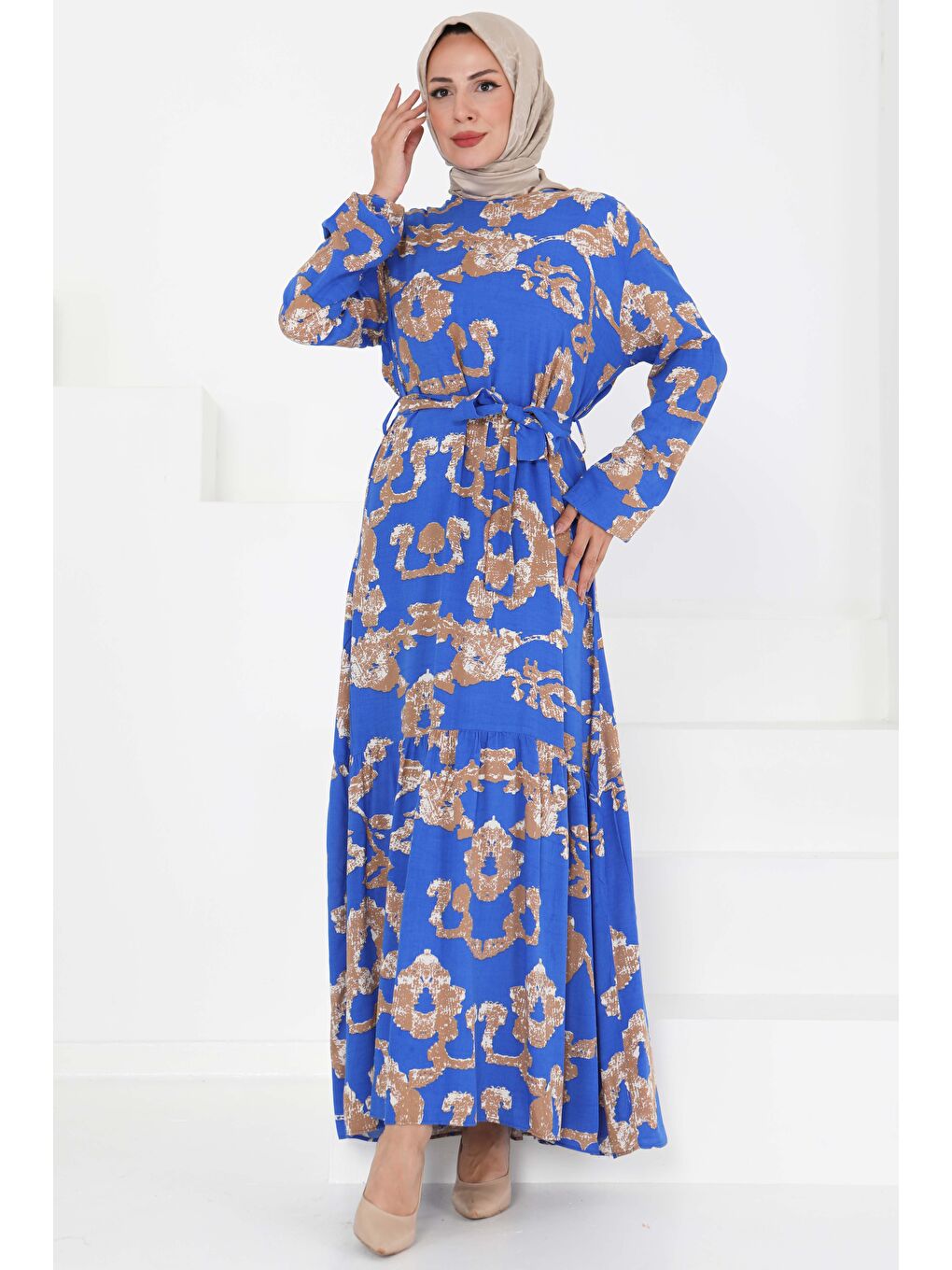 Mavi Desenli Kuşaklı Elbise Saks - 27429-3