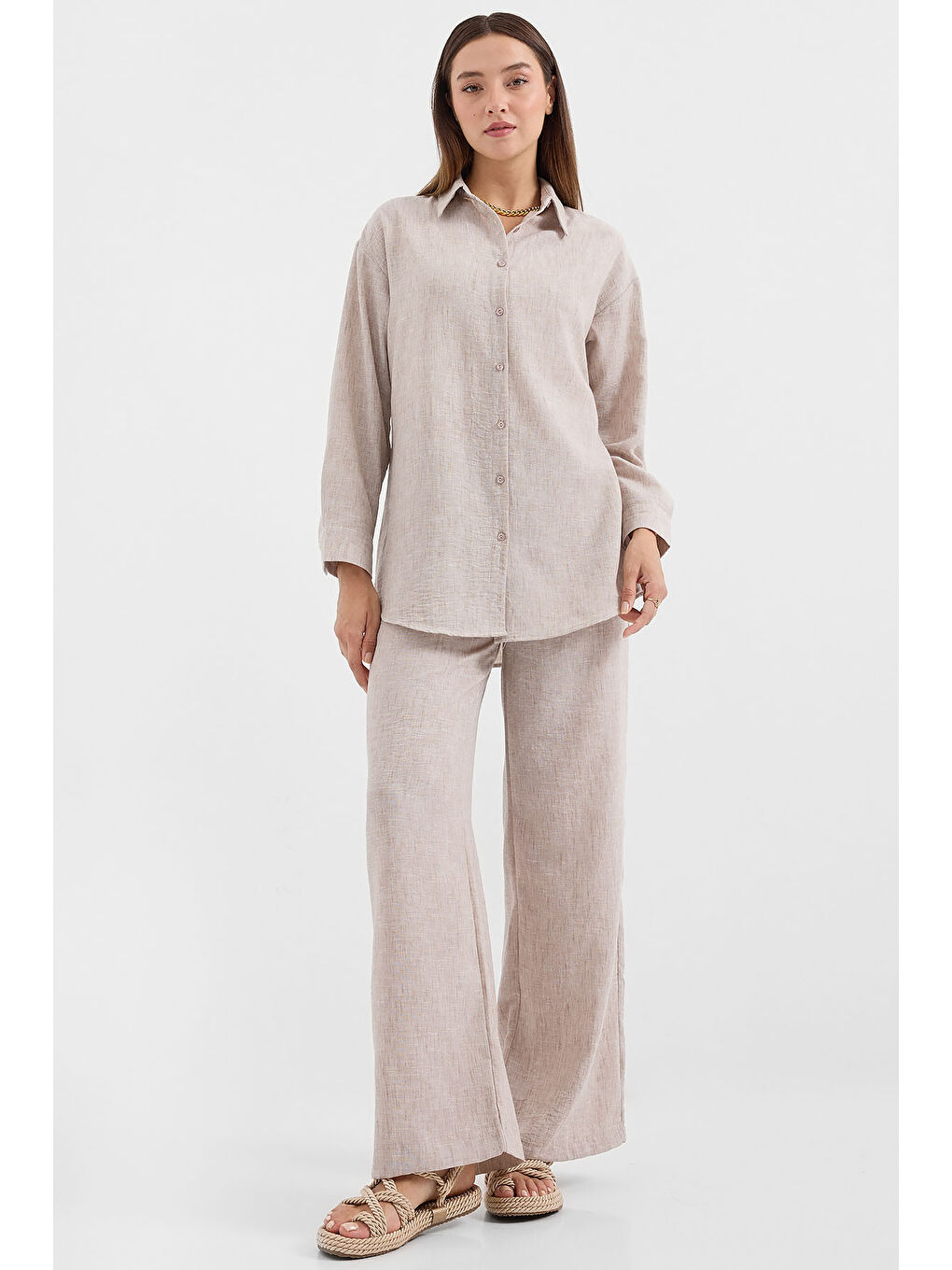 6671 Oversize Keten İkili Takım - Bej-2