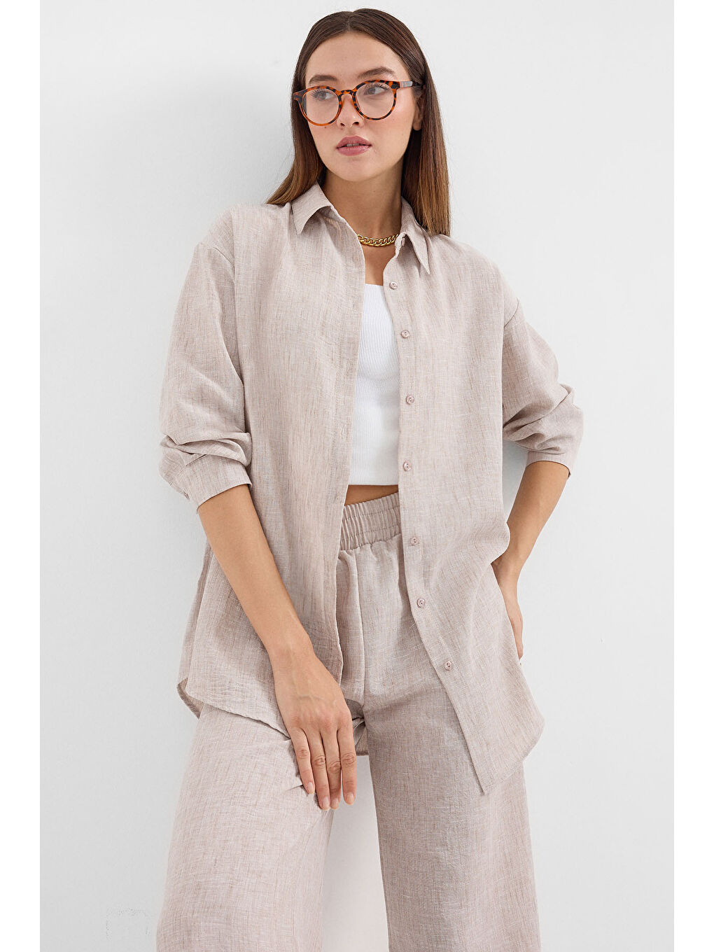 6671 Oversize Keten İkili Takım - Bej-3