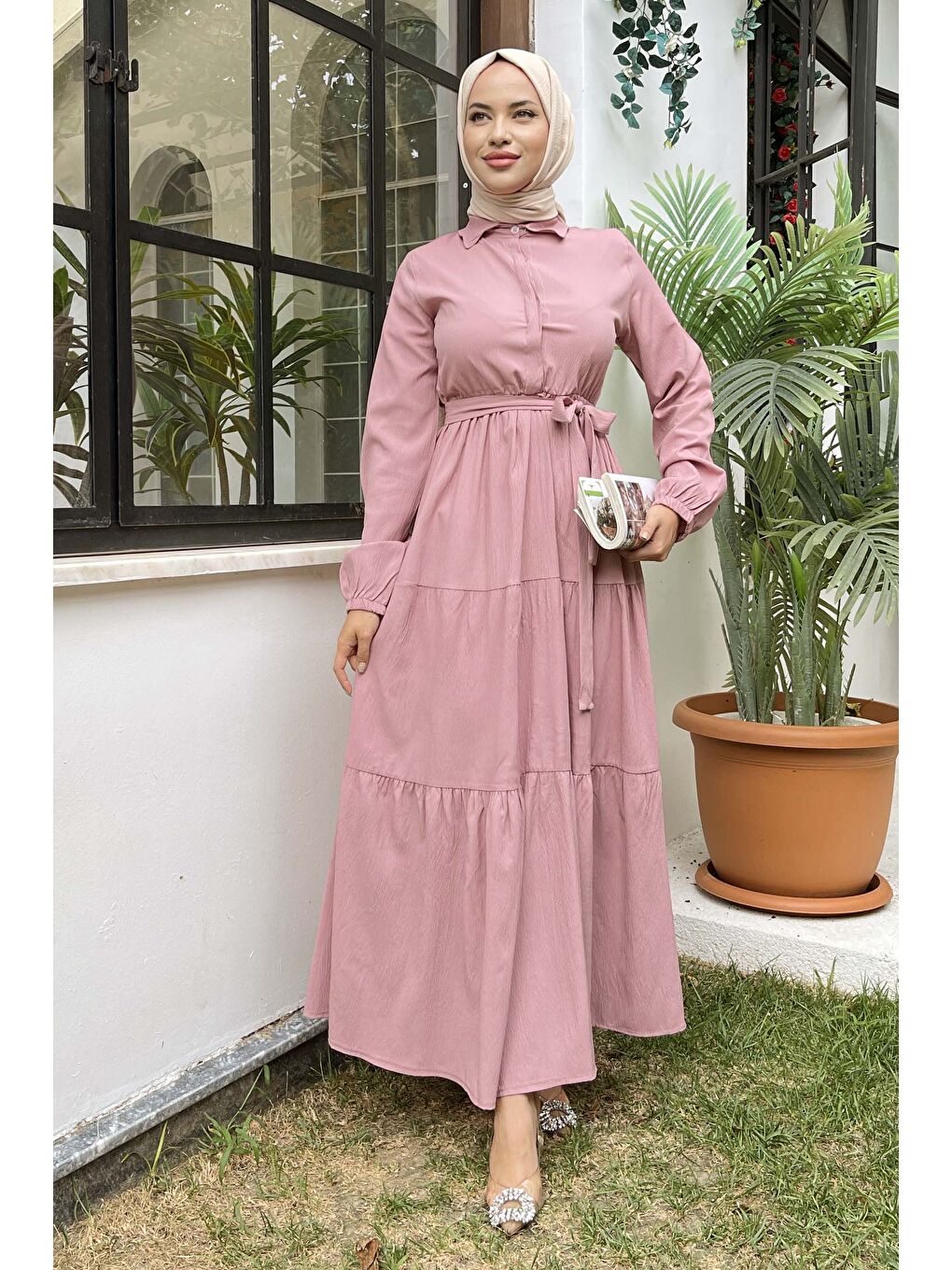 Pembe Kuşaklı Kat Kat Elbise Gül - 27345-2