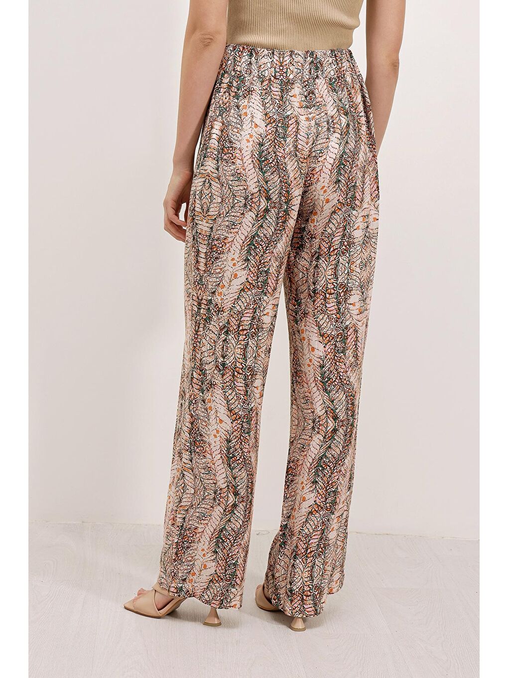 Ekru 6523 Desenli Bol Paça Pantolon - Krem-4