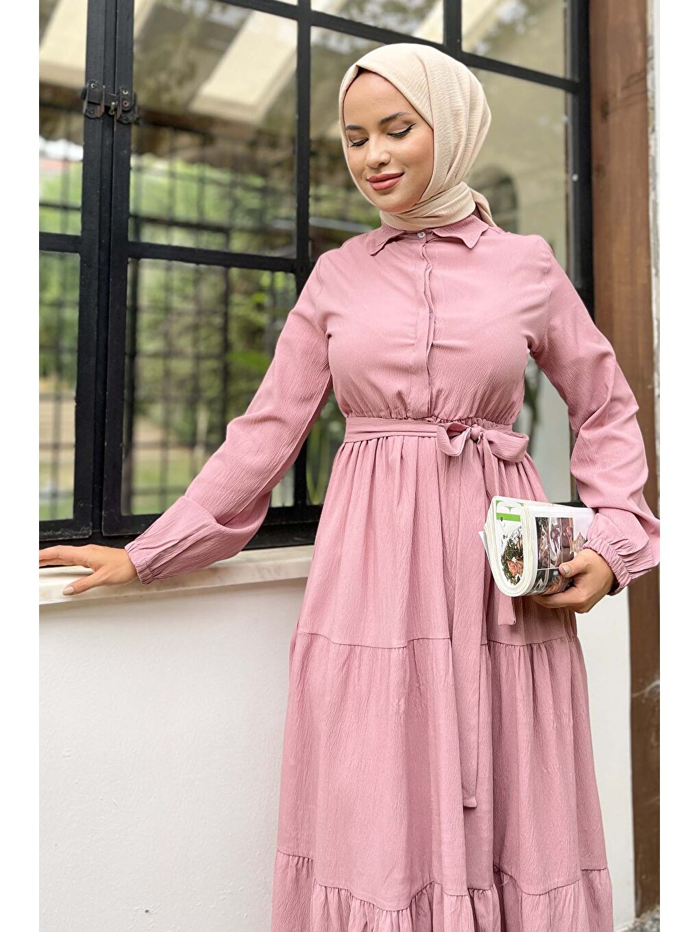 Pembe Kuşaklı Kat Kat Elbise Gül - 27345-3