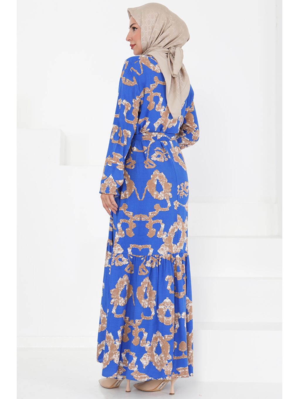 Mavi Desenli Kuşaklı Elbise Saks - 27429-4