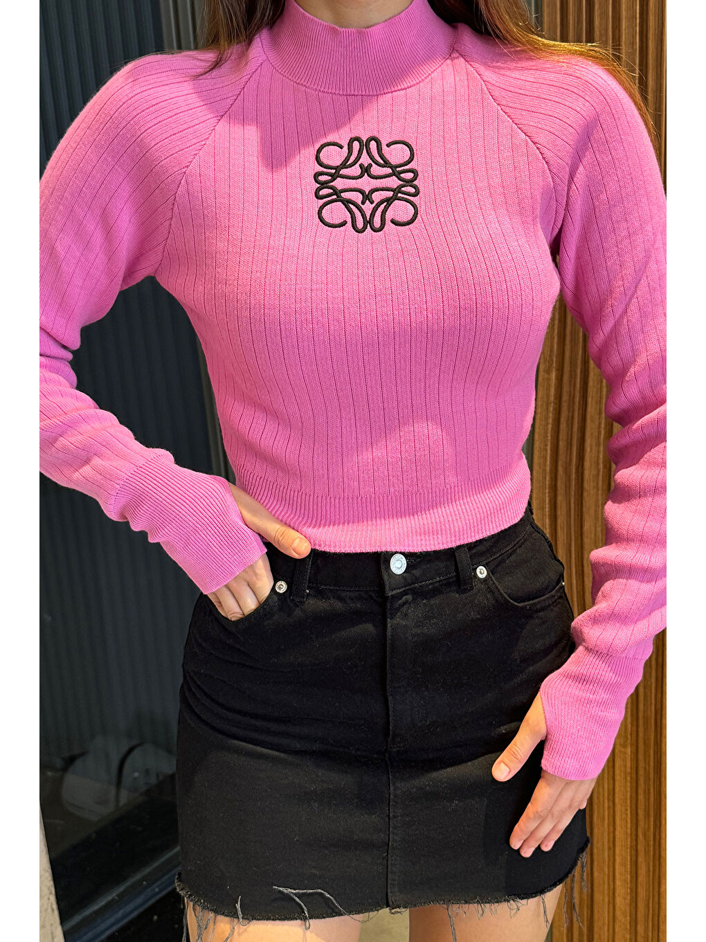 GÜLSELİ Pembe Ön Nakışlı Crop Top Triko Bluz - 2