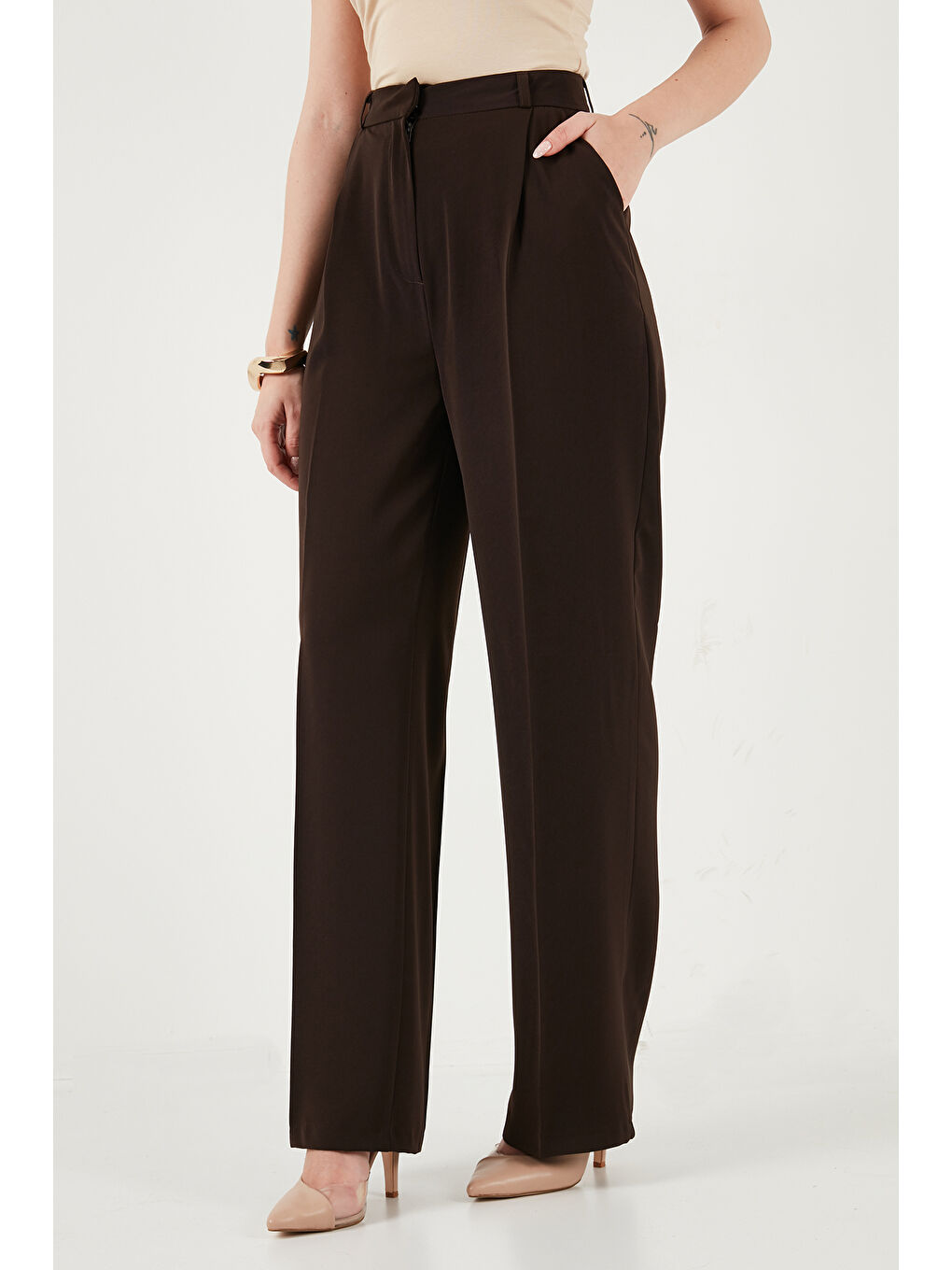 Kahverengi Regular Fit Yüksek Bel Düz Paça Kadın Pantolon 6923873-3