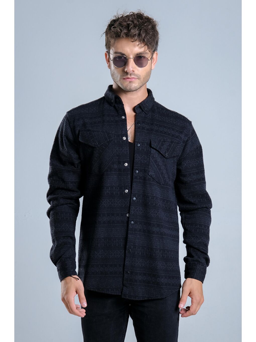 Antrasit Kilim Desen Kapaklı Kışlık Oduncu Gömlek MAR 4207