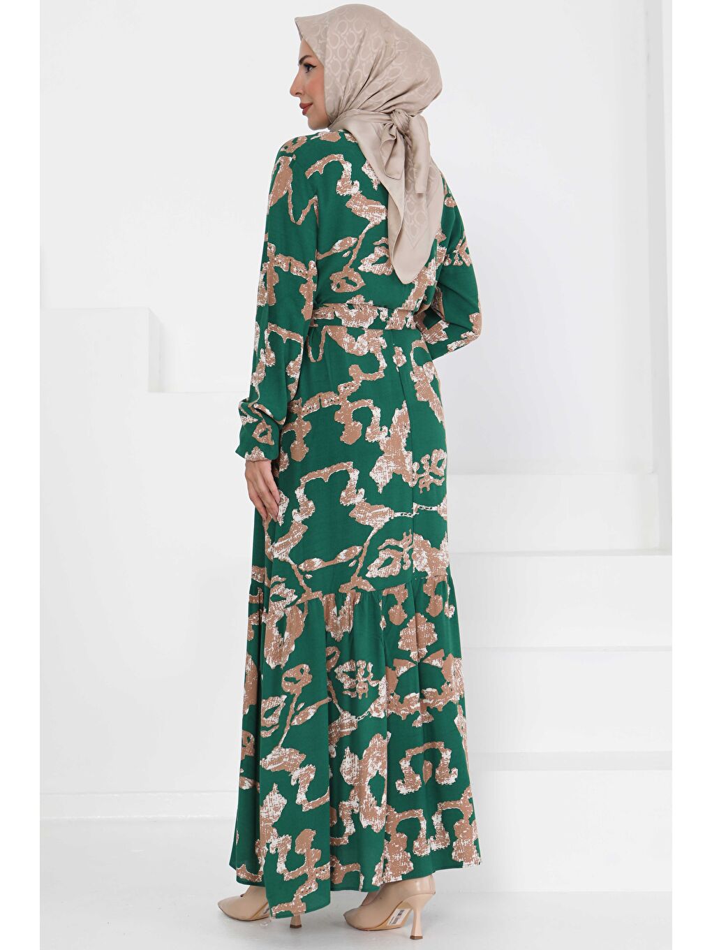 Yeşil Desenli Kuşaklı Elbise Zümrüt - 27429-4