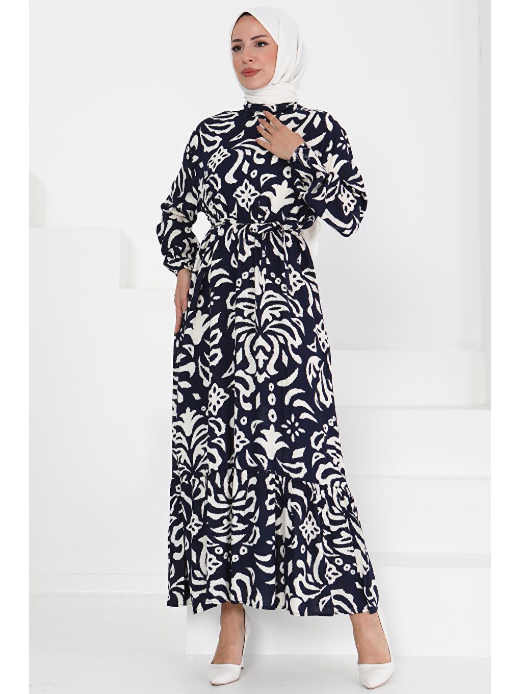 Kuşaklı Desenli Elbise Lacivert - 27394