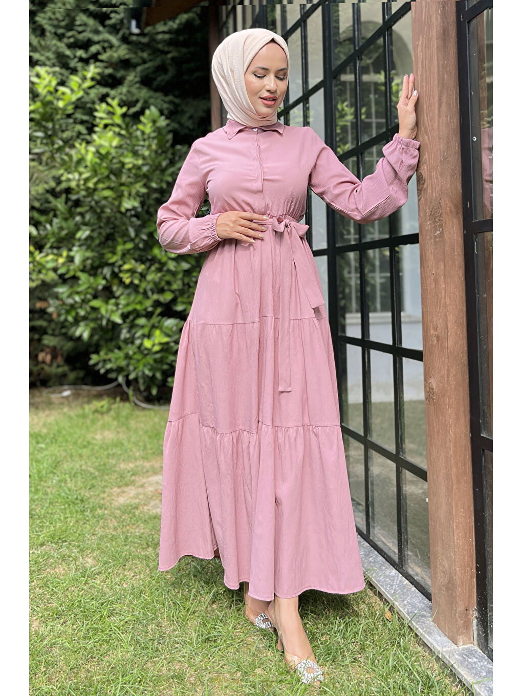 Pembe Kuşaklı Kat Kat Elbise Gül - 27345-4