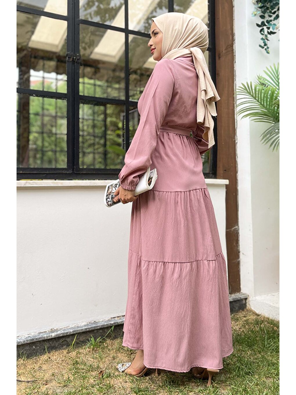 Pembe Kuşaklı Kat Kat Elbise Gül - 27345-5