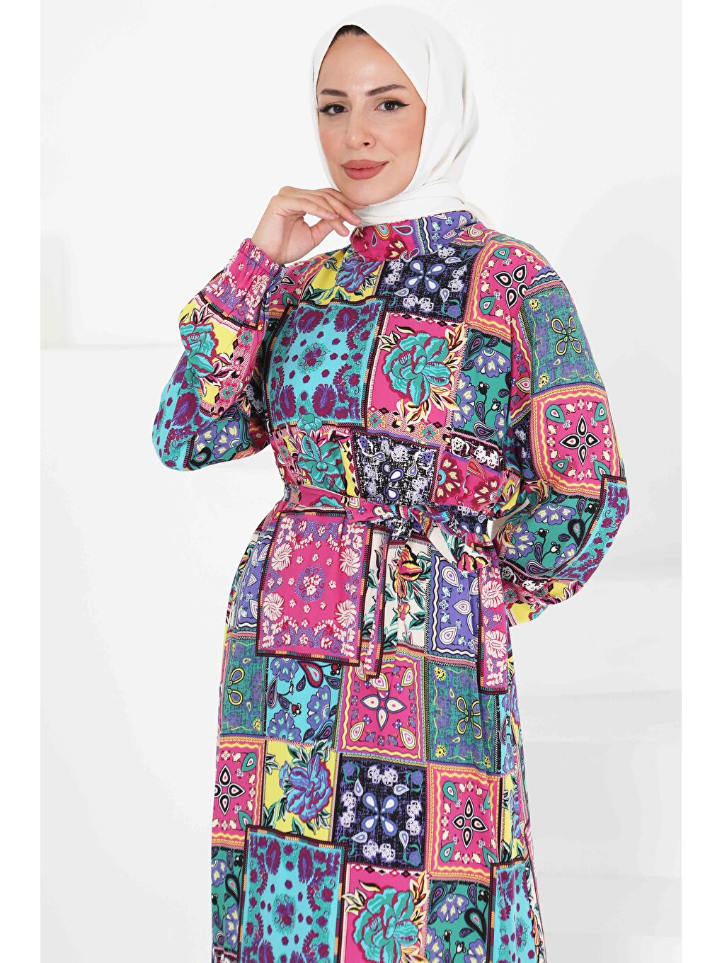 Fuşya Kuşaklı Desenli Elbise Fusya - 27422-1