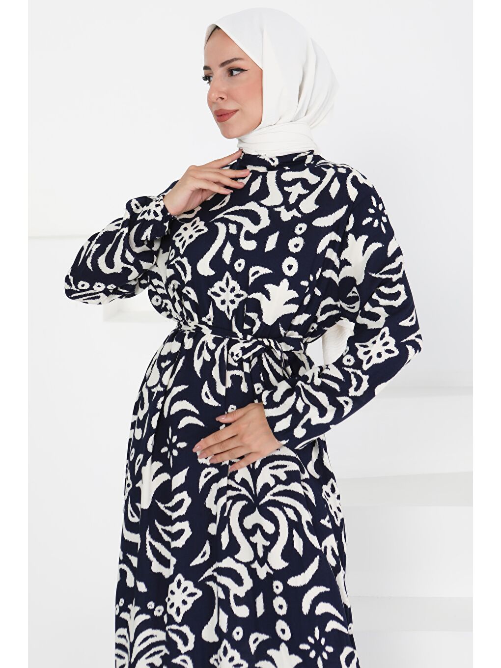 Kuşaklı Desenli Elbise Lacivert - 27394-1