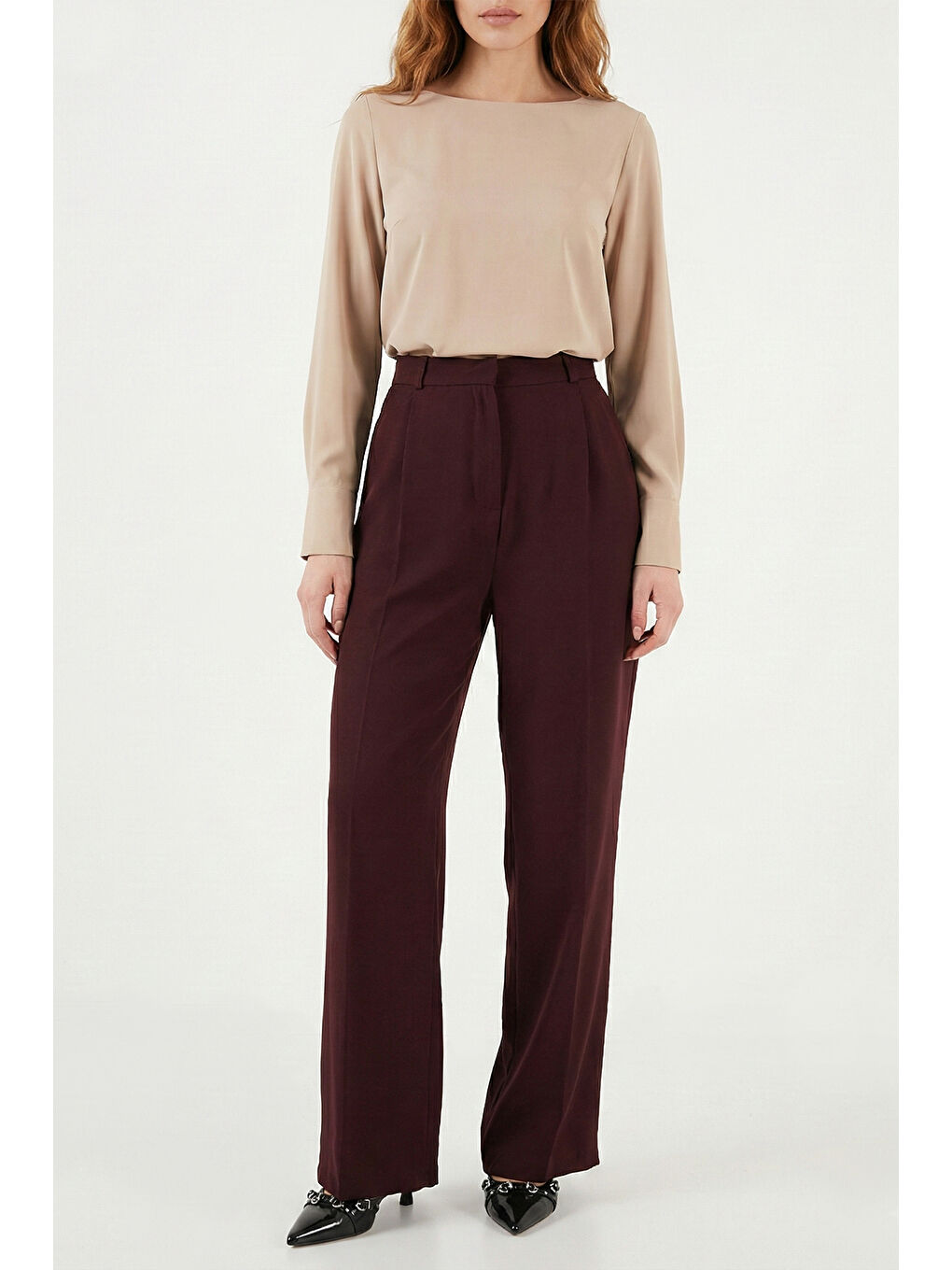 Mürdüm Regular Fit Yüksek Bel Düz Paça Kadın Pantolon 6923873-2