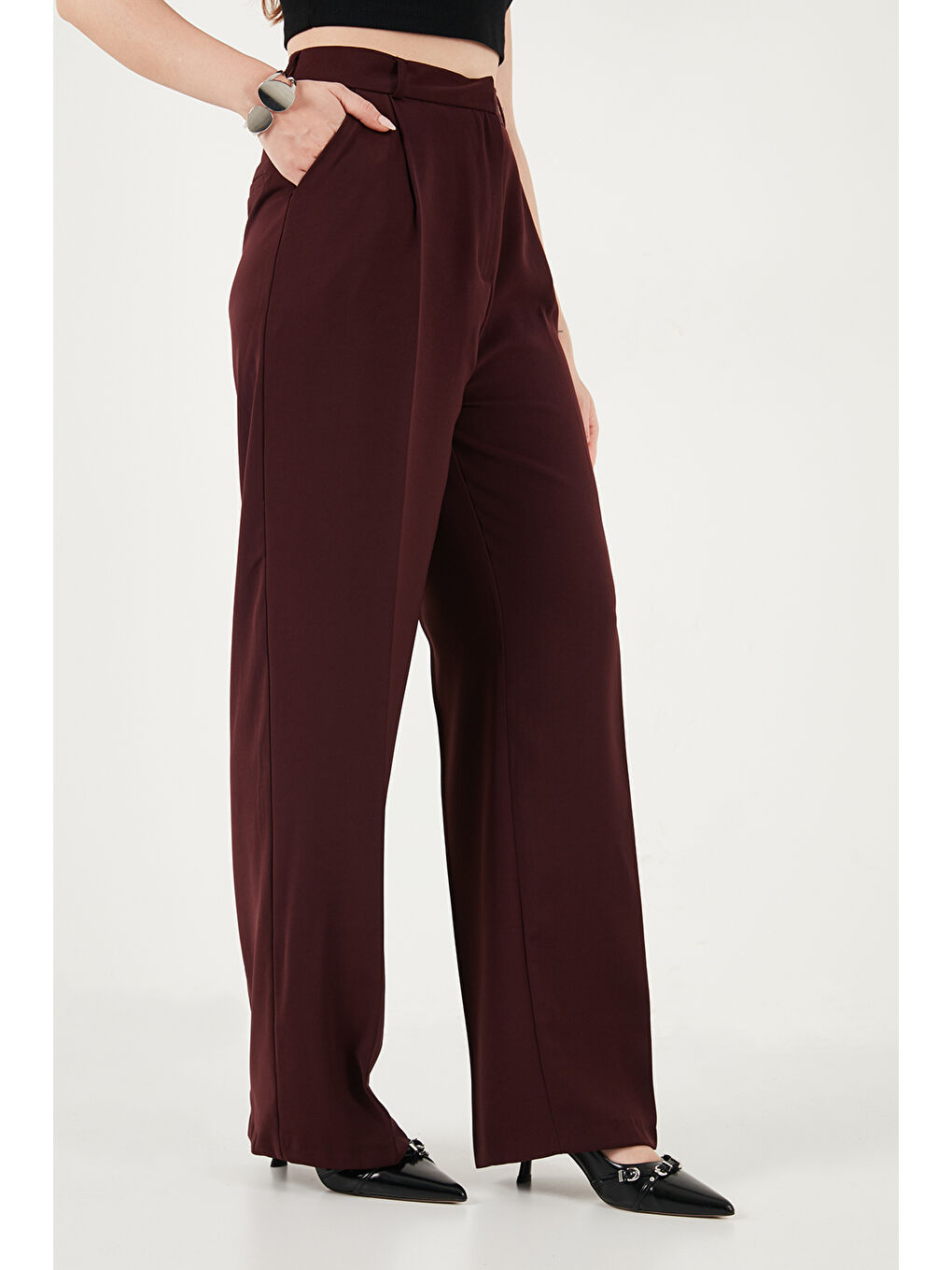 Mürdüm Regular Fit Yüksek Bel Düz Paça Kadın Pantolon 6923873-3