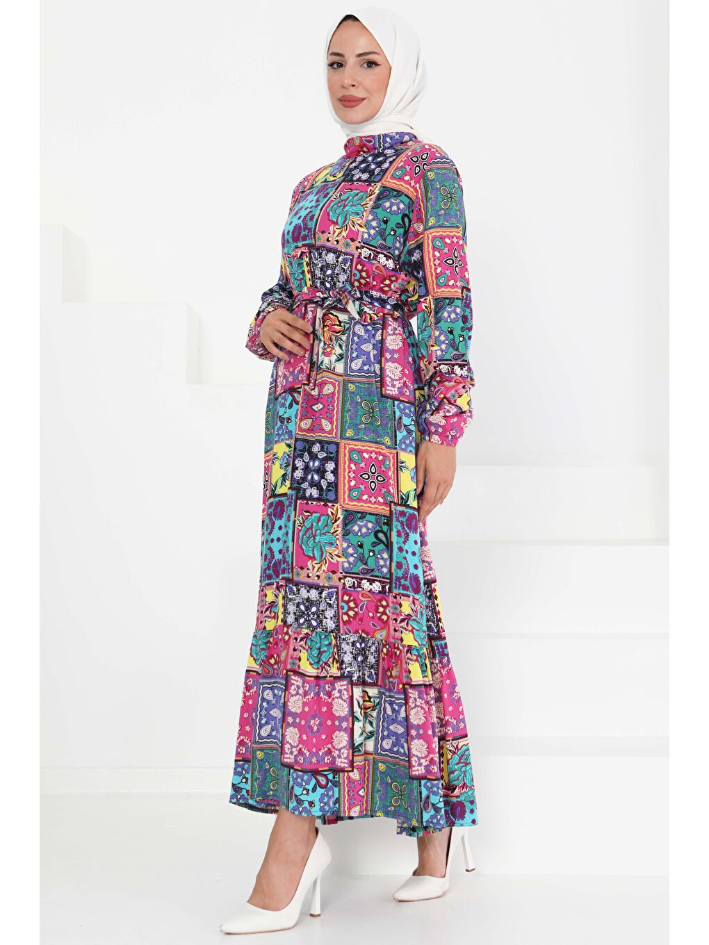 Fuşya Kuşaklı Desenli Elbise Fusya - 27422-2