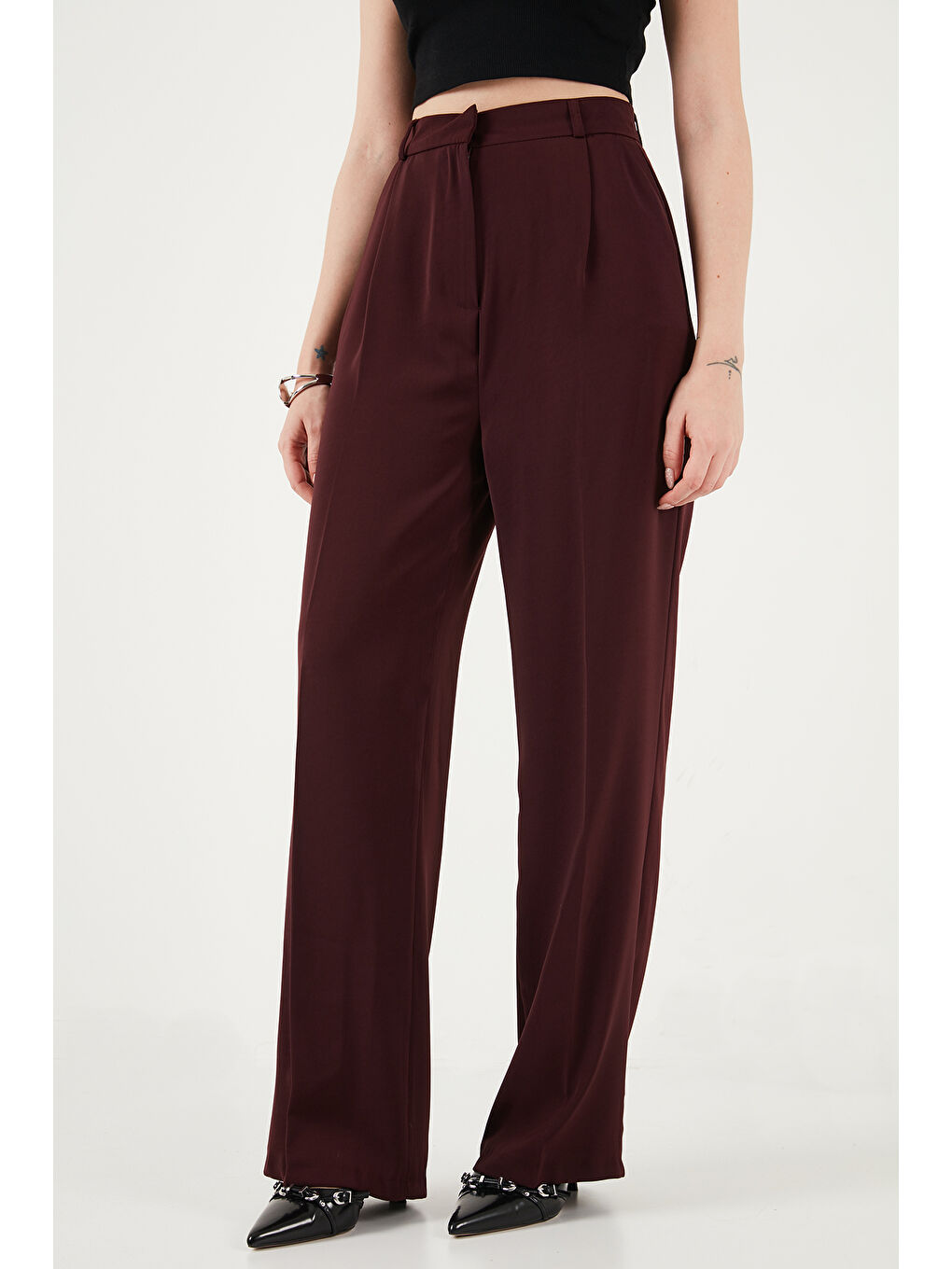 Mürdüm Regular Fit Yüksek Bel Düz Paça Kadın Pantolon 6923873-4