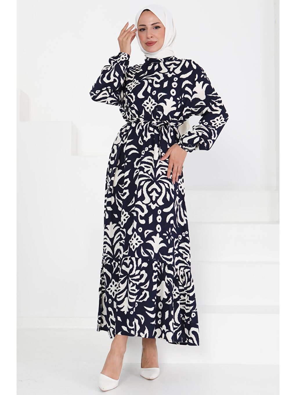 Kuşaklı Desenli Elbise Lacivert - 27394-2