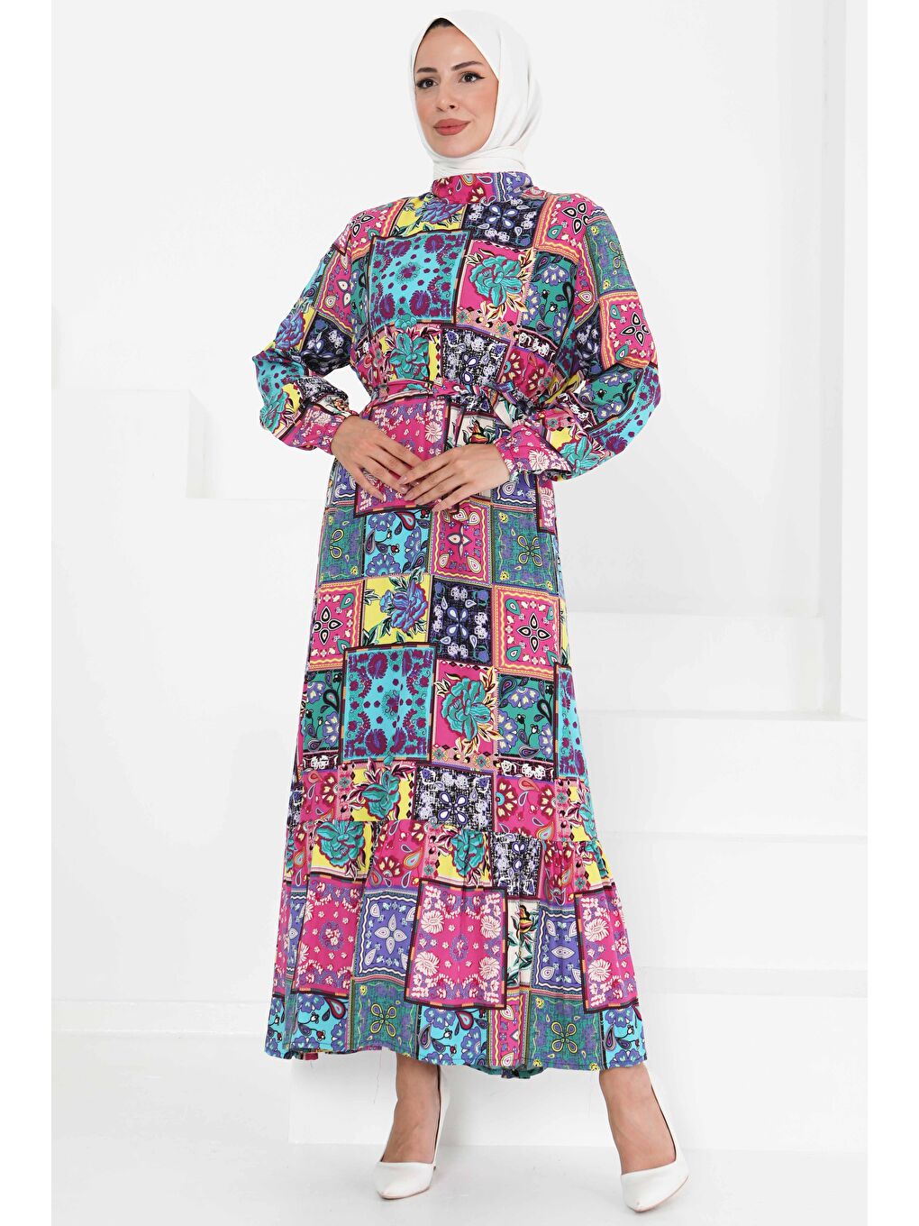 Fuşya Kuşaklı Desenli Elbise Fusya - 27422-3