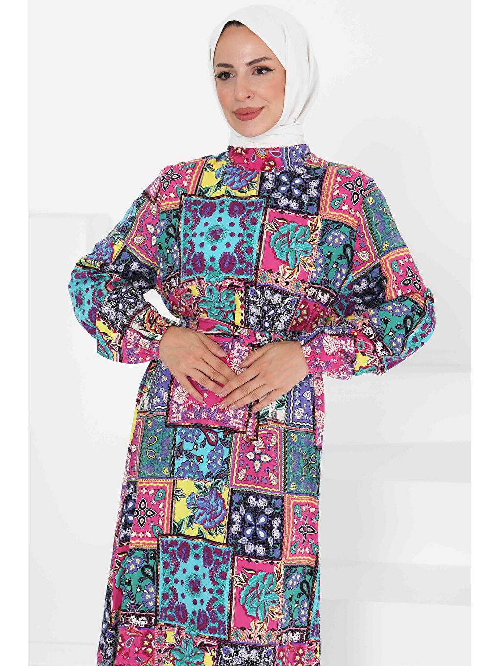 Fuşya Kuşaklı Desenli Elbise Fusya - 27422-4