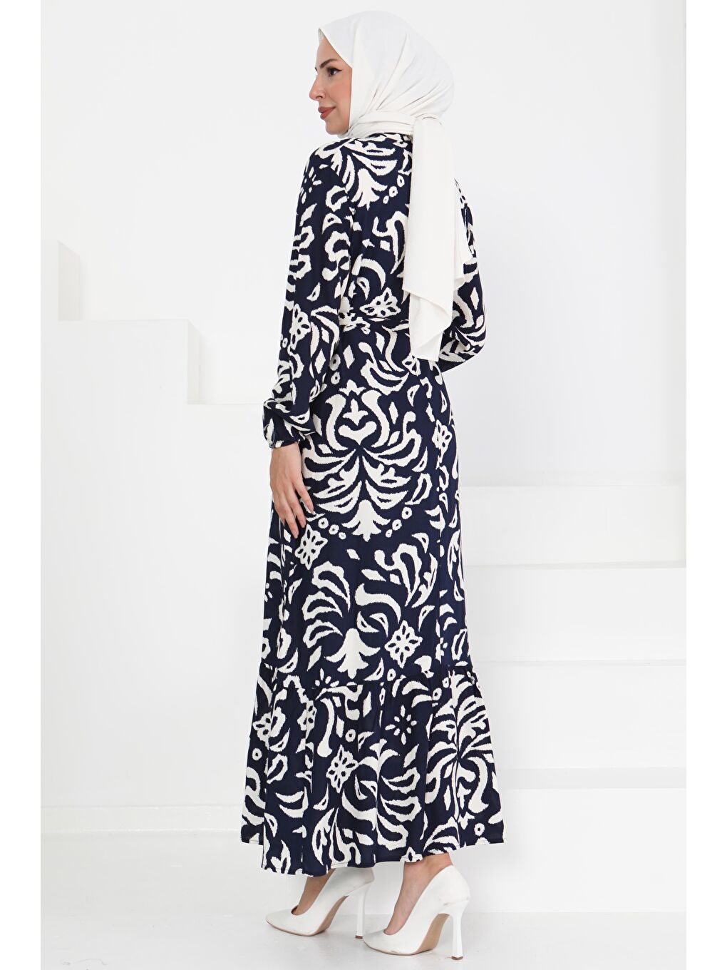 Kuşaklı Desenli Elbise Lacivert - 27394-4