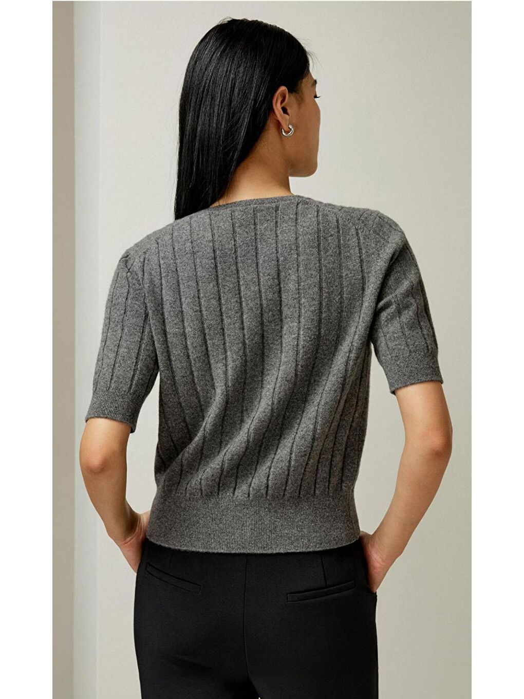 Antrasit V Yaka Örgülü Kadın Triko Tişört Mg2369-7