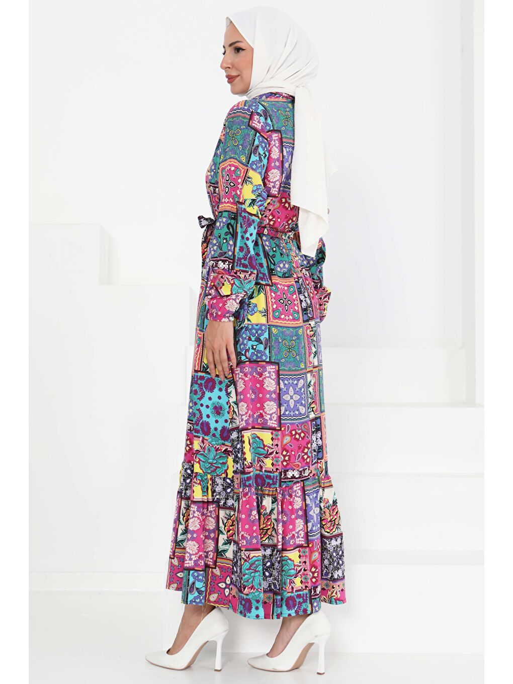 Fuşya Kuşaklı Desenli Elbise Fusya - 27422-5