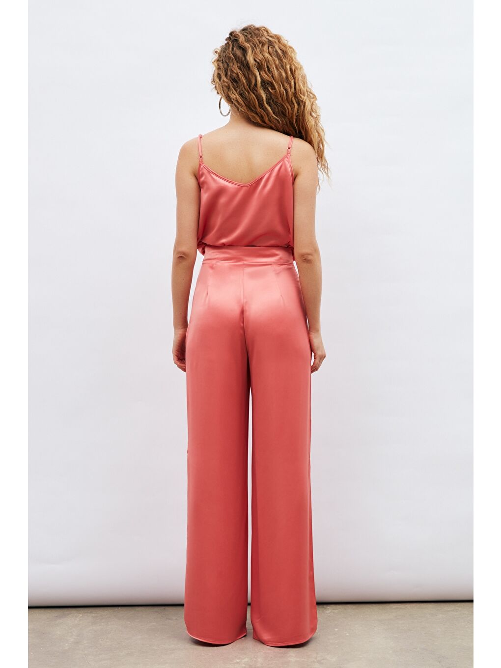 SATEEN Pembe Yırtmaç Detaylı Saten Pantolon - Pudra - 6