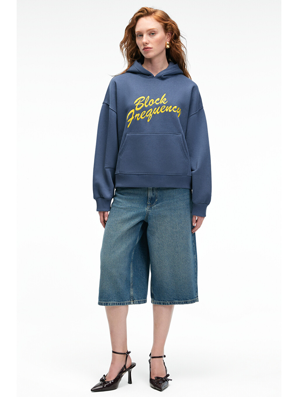 Evantıa Kadın Baskılı Oversize Kapüşonlu Nakış Detaylı Kanguru Cep Lacivert Sweatshirt