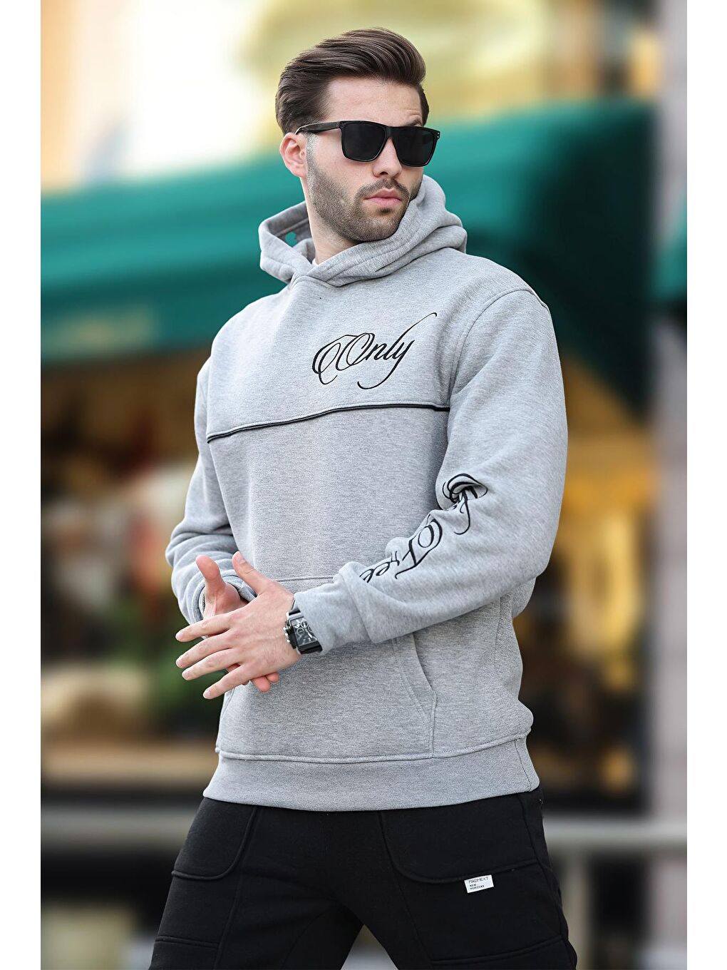 Grimelanj Kapüşonlu Şerit Detaylı Baskılı Erkek Sweatshirt 7091