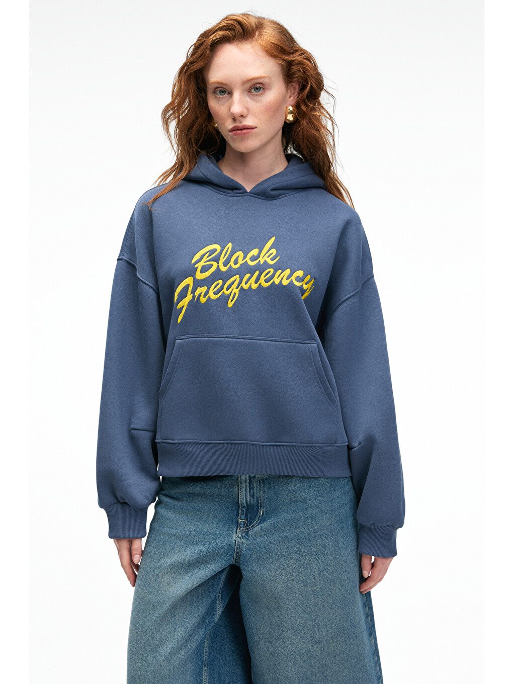 Evantıa Kadın Baskılı Oversize Kapüşonlu Nakış Detaylı Kanguru Cep Lacivert Sweatshirt-1