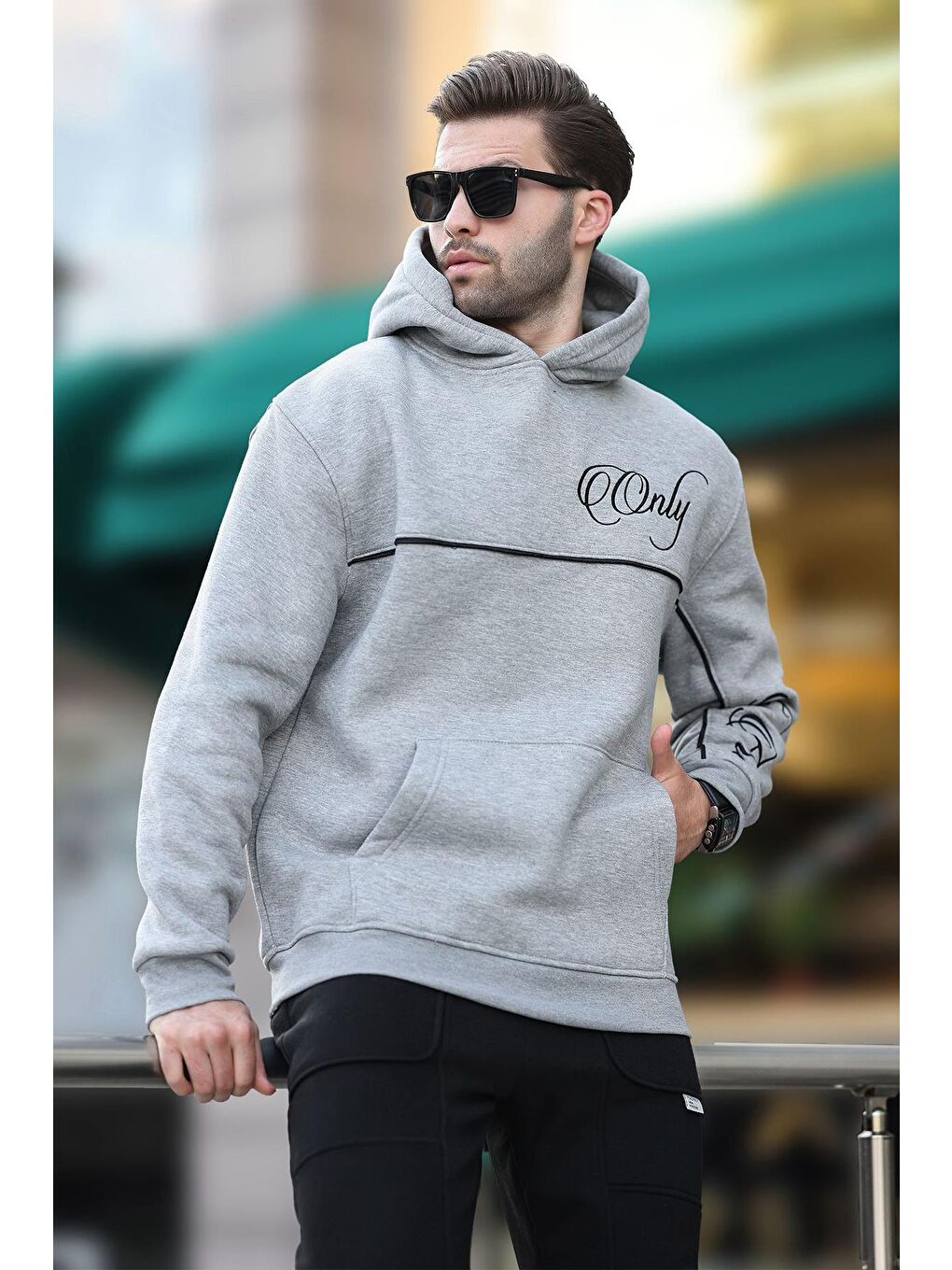 Grimelanj Kapüşonlu Şerit Detaylı Baskılı Erkek Sweatshirt 7091-1