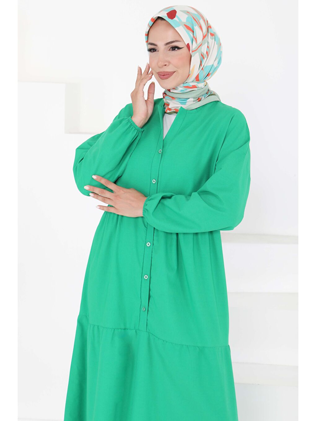 Yeşil Büzgülü Pat Detaylı Elbise Yesil - 27293