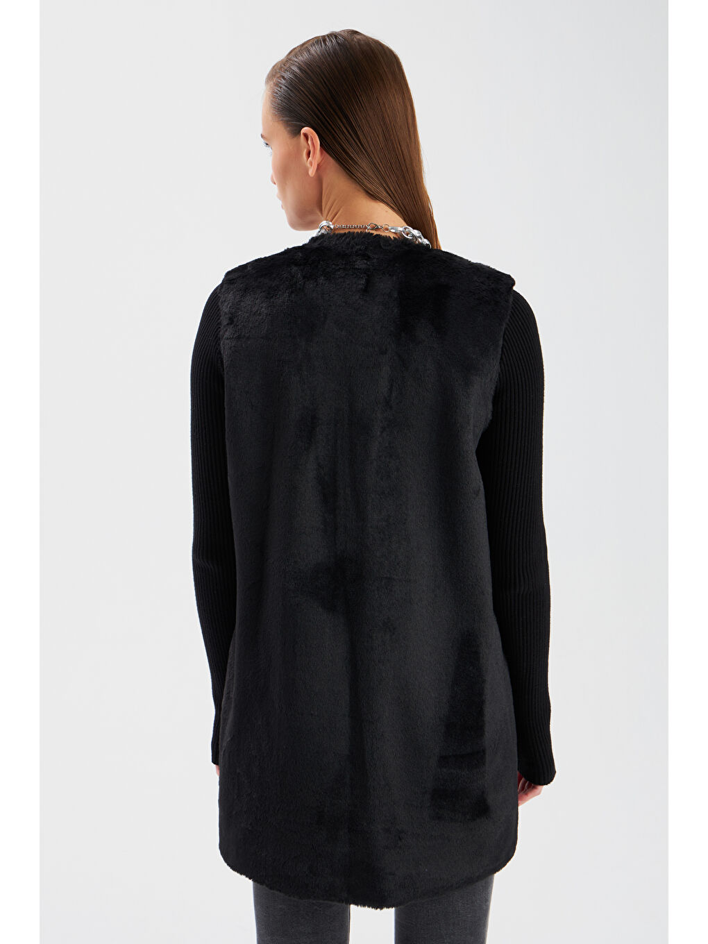 Cep Detaylı Pelüş Yelek   Siyah-6