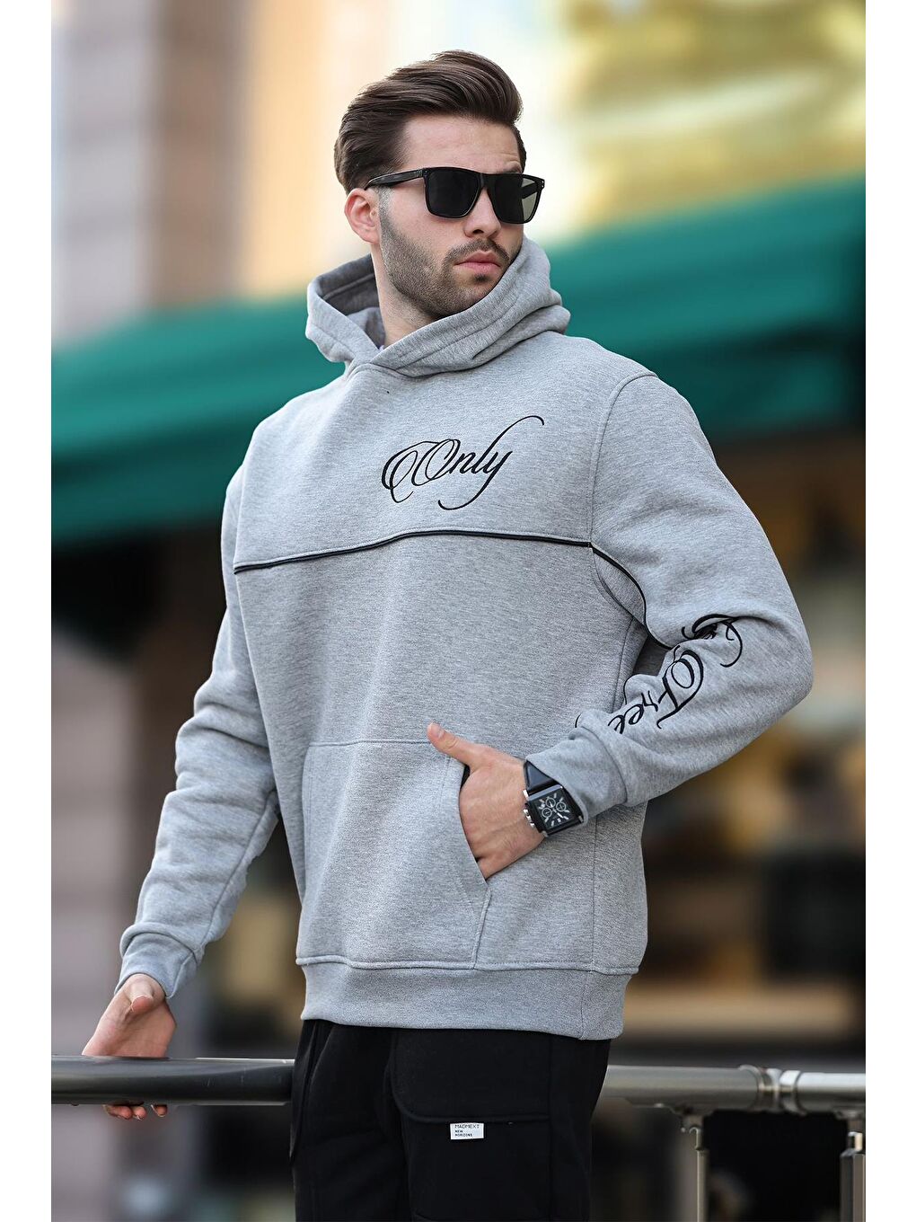 Grimelanj Kapüşonlu Şerit Detaylı Baskılı Erkek Sweatshirt 7091-2