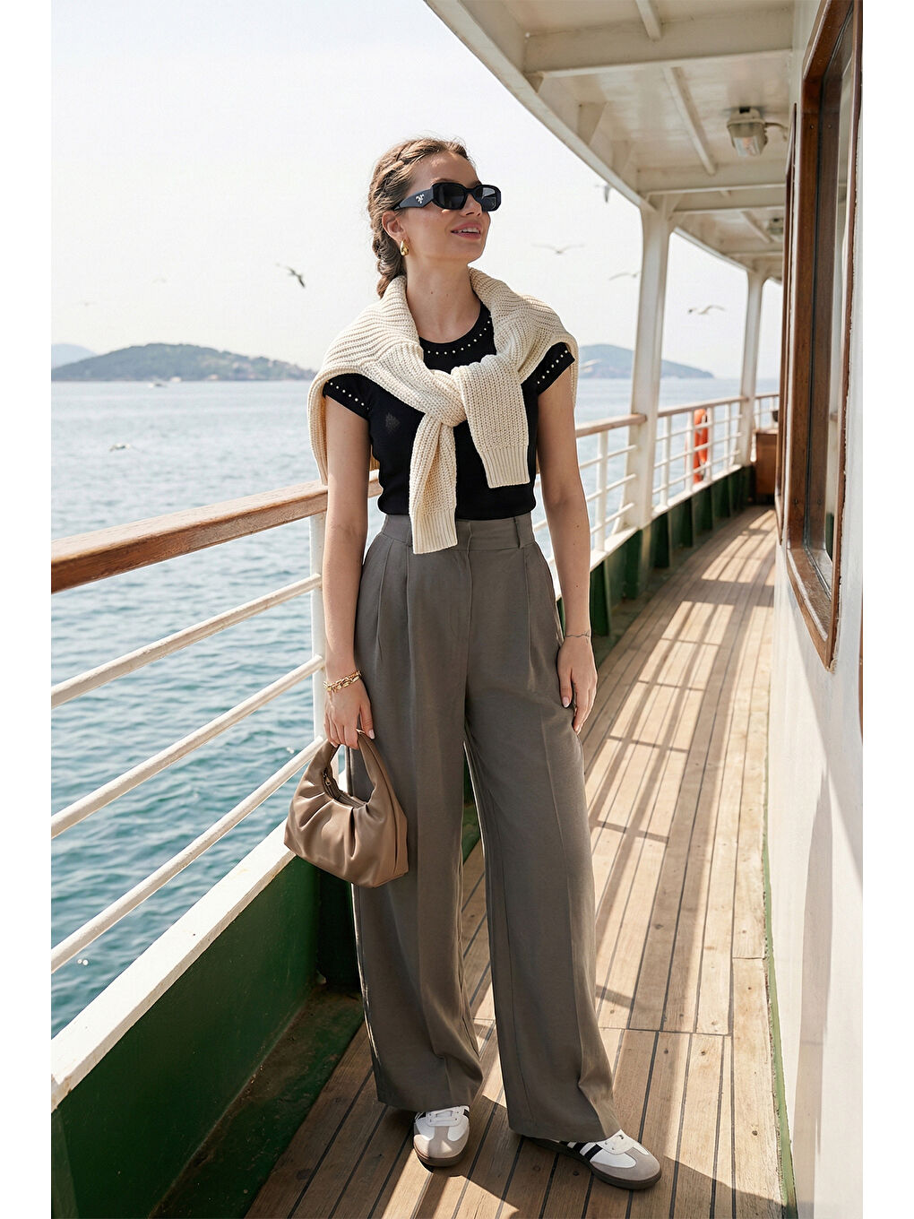 Haki Wide Leg Yüksek Bel Geniş Paça Pileli Kadın Pantolon 6923871