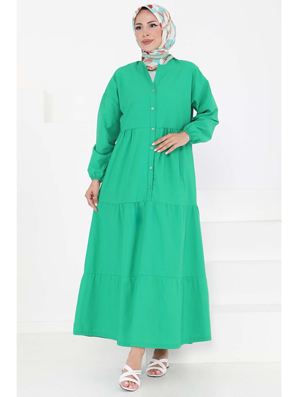 Yeşil Büzgülü Pat Detaylı Elbise Yesil - 27293-1