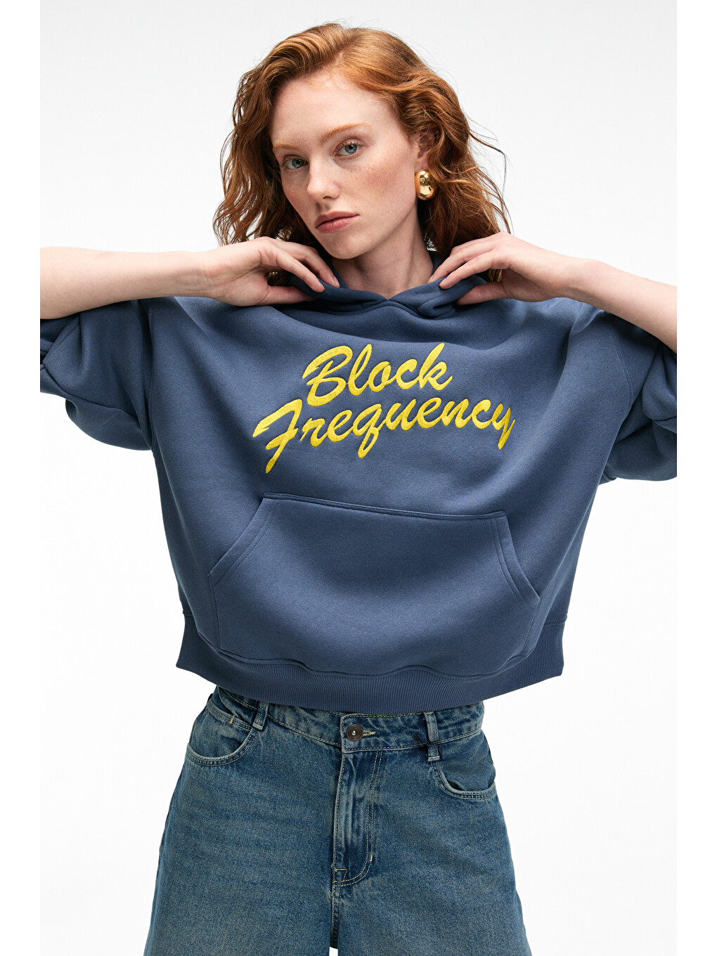 Evantıa Kadın Baskılı Oversize Kapüşonlu Nakış Detaylı Kanguru Cep Lacivert Sweatshirt-2
