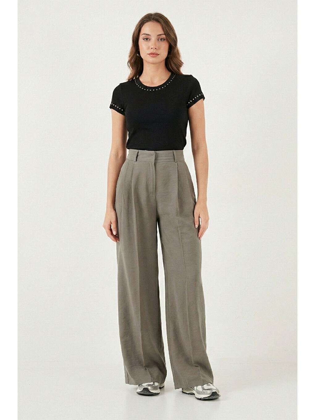 Haki Wide Leg Yüksek Bel Geniş Paça Pileli Kadın Pantolon 6923871-1