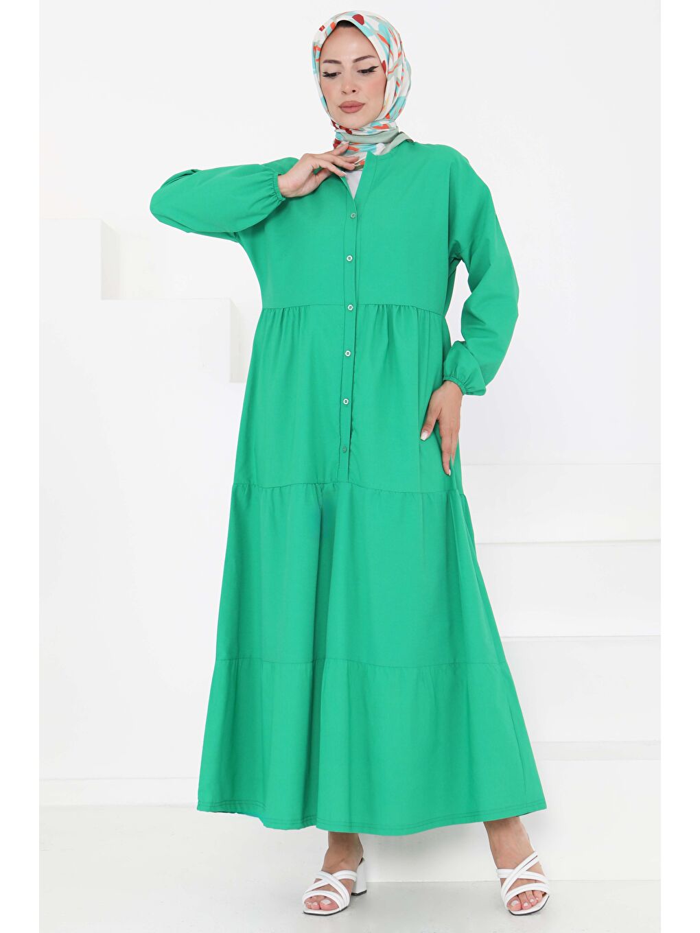 Yeşil Büzgülü Pat Detaylı Elbise Yesil - 27293-2