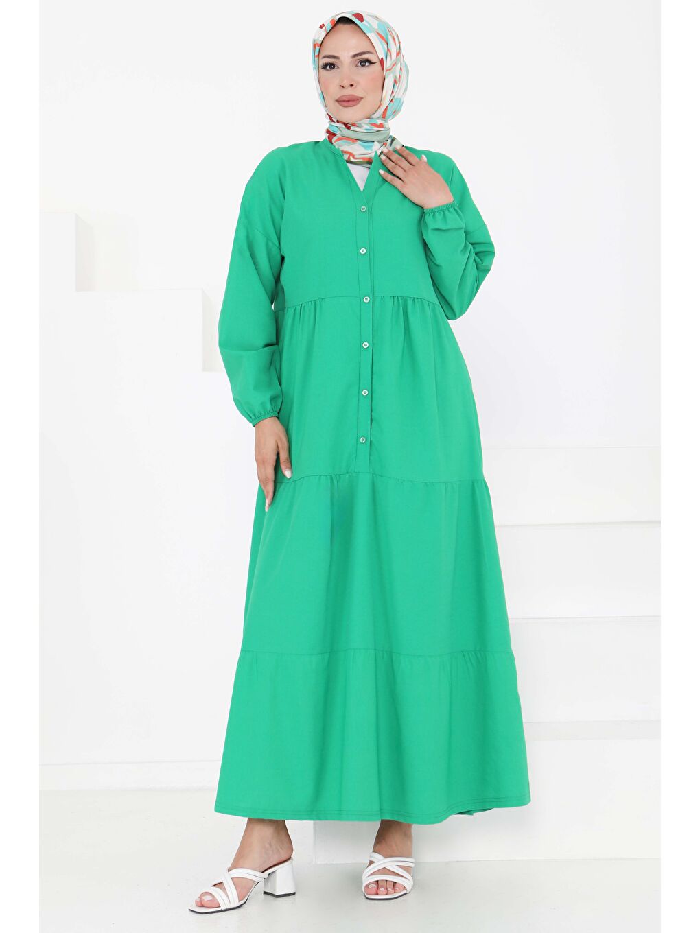 Yeşil Büzgülü Pat Detaylı Elbise Yesil - 27293-3